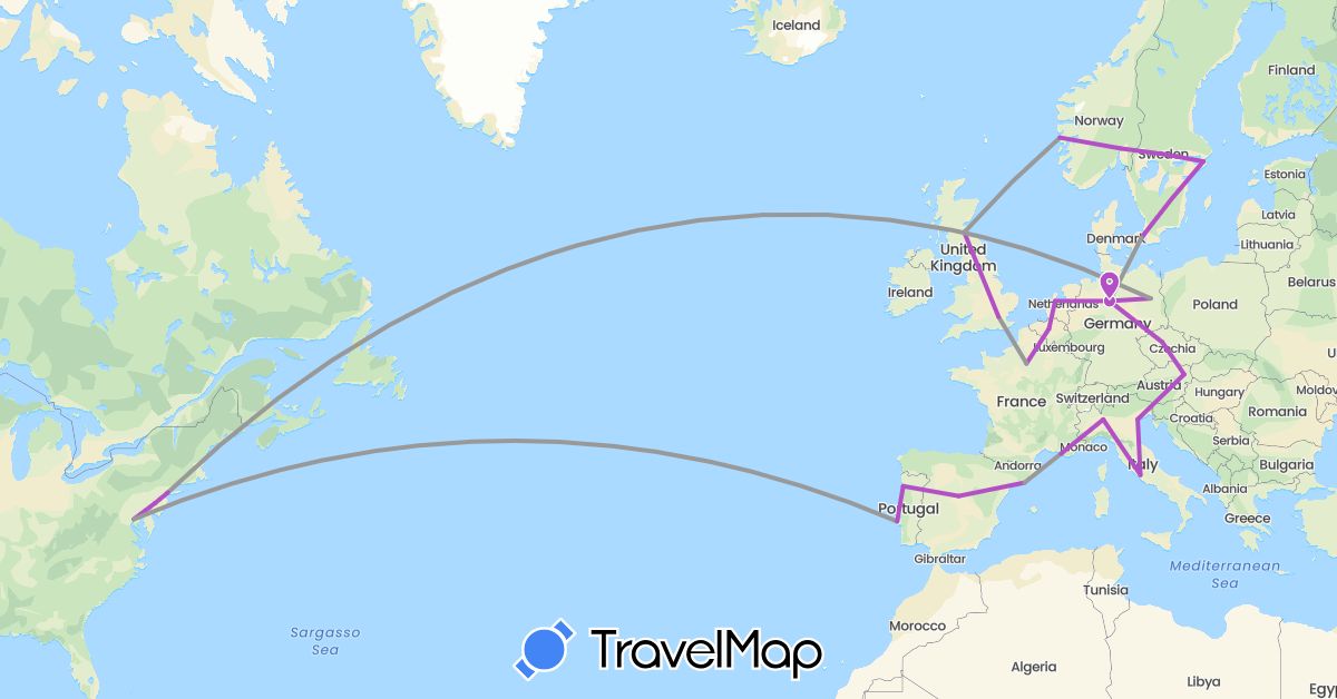 TravelMap itinerary: driving, plane, train in Austria, Belgium, Czech Republic, Germany, Denmark, Spain, France, United Kingdom, Italy, Netherlands, Norway, Portugal, Sweden, United States (Europe, North America)